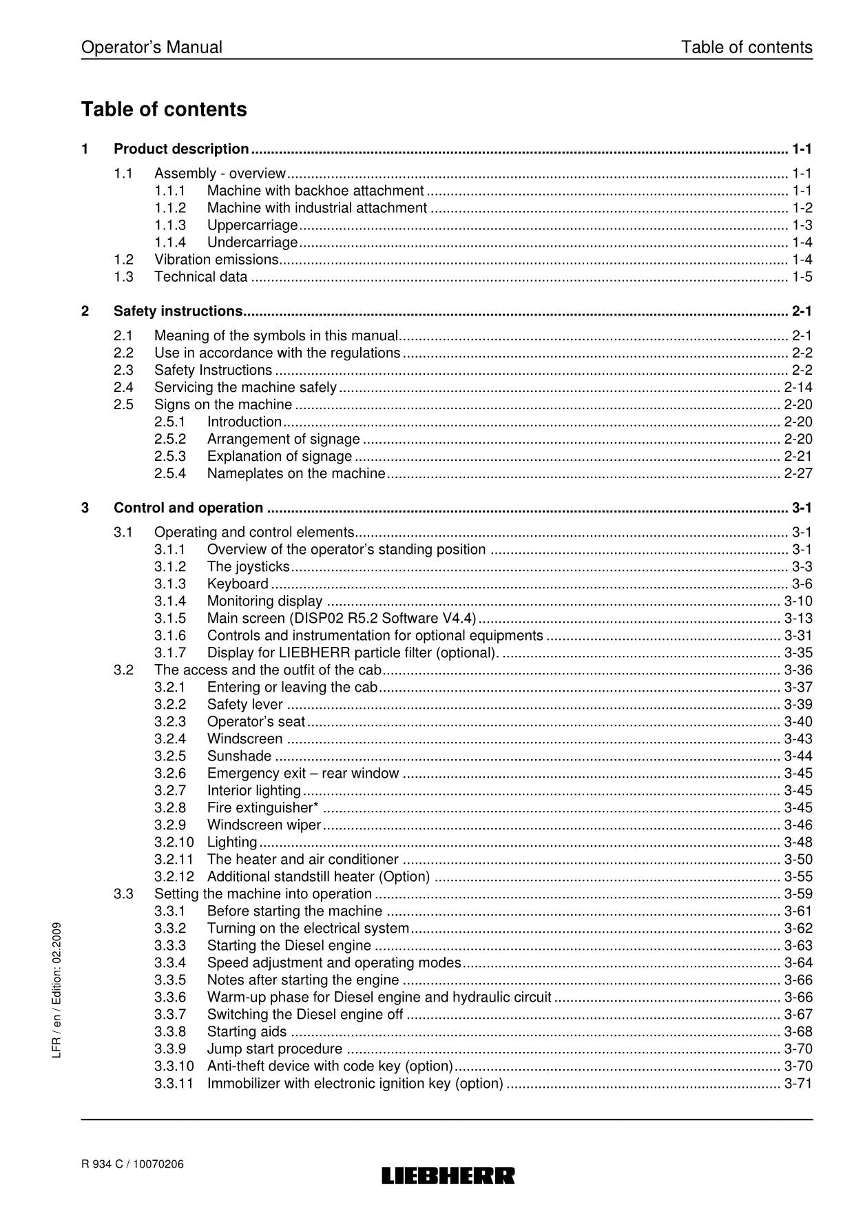 Liebherr R934 C Excavator Operators manual serial 22965