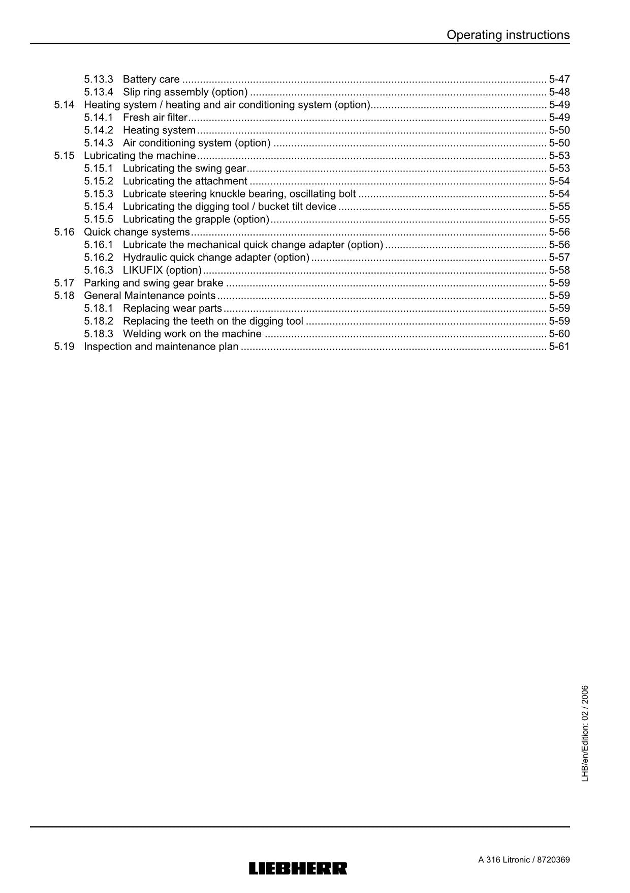 Liebherr A316 Litronic Excavator  Operators manual