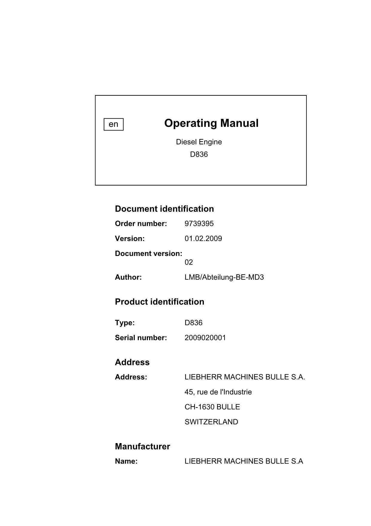 Liebherr D836 engine Operators manual