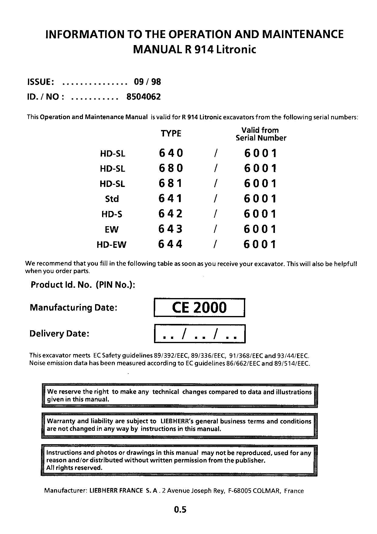 Liebherr R914 Litronic Excavator Operators manual serial 6001