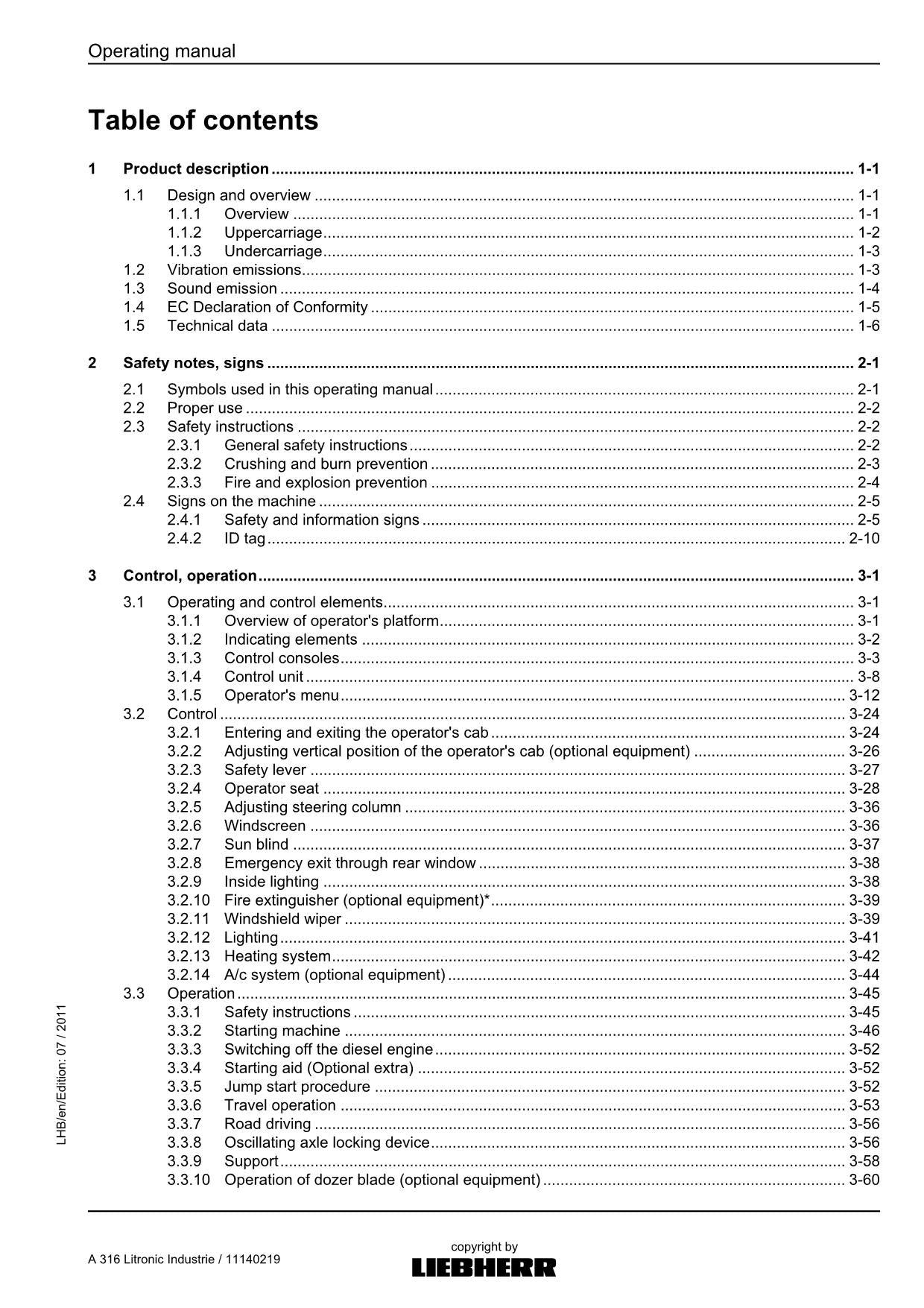 Liebherr A316 Litronic Industrie Excavator Operators manual