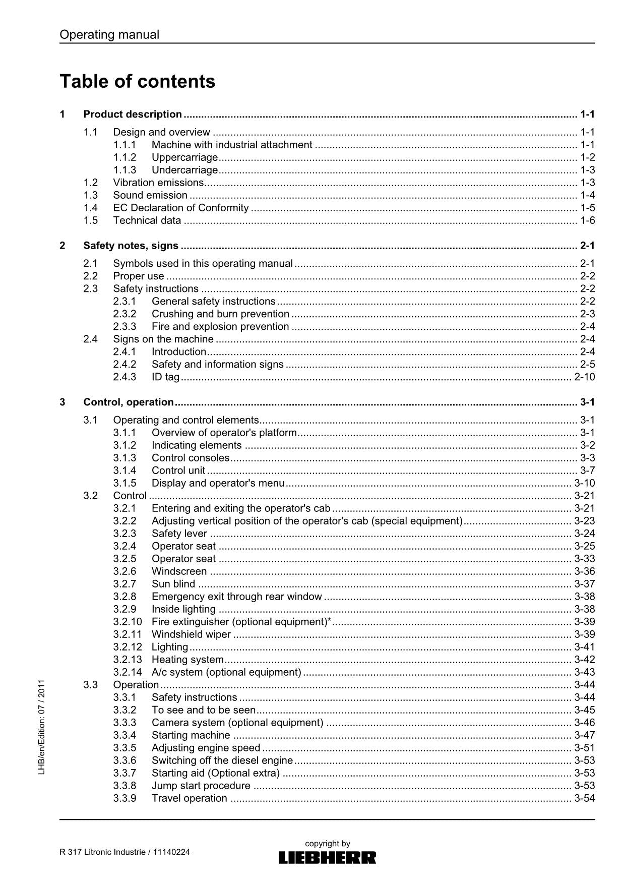 Liebherr R317 Litronic Industrie Excavator Operators manual