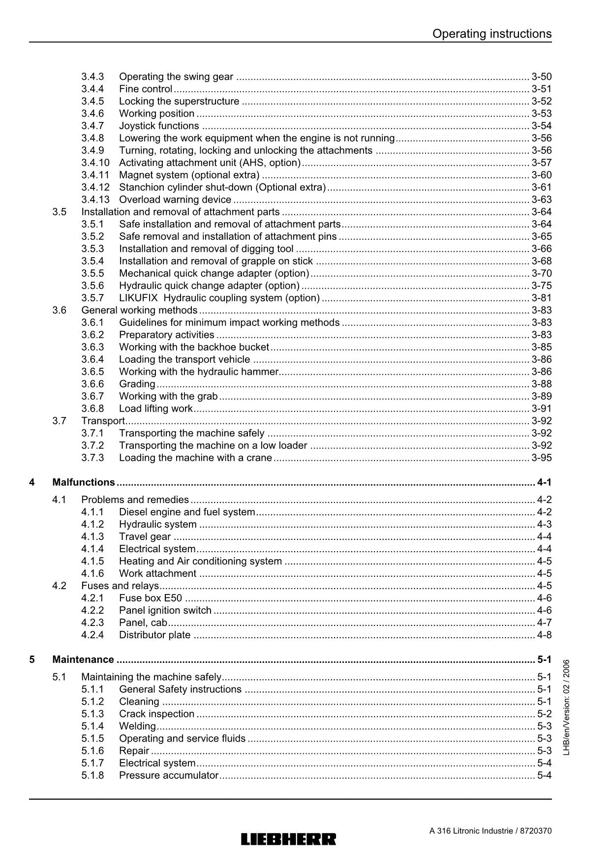 Liebherr A316 Litronic Industrie Excavator  Operators manual