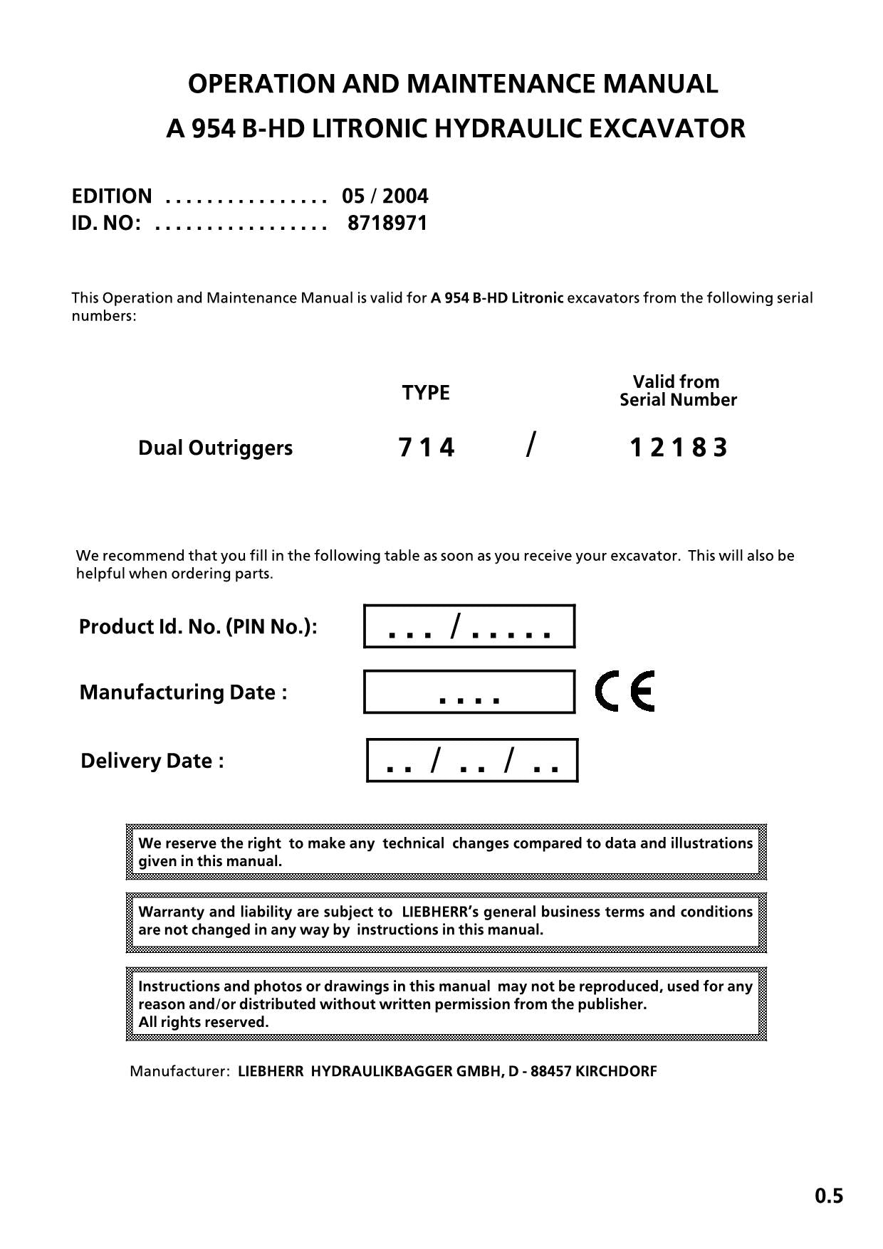 Liebherr A954 B-HD LITRONIC Excavator Operators manual