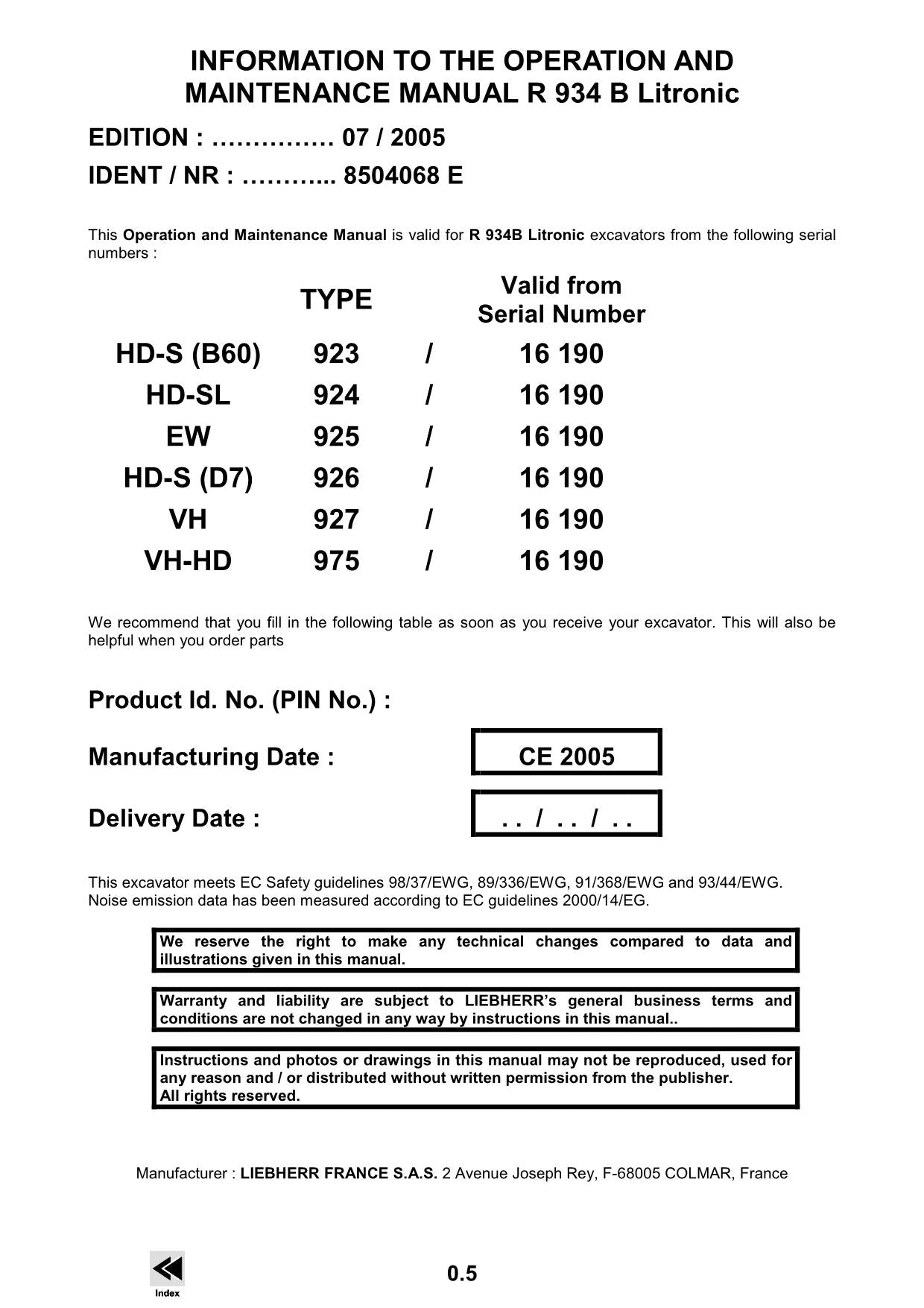 Liebherr R934 B Litronic Excavator Operators manual serial 16190