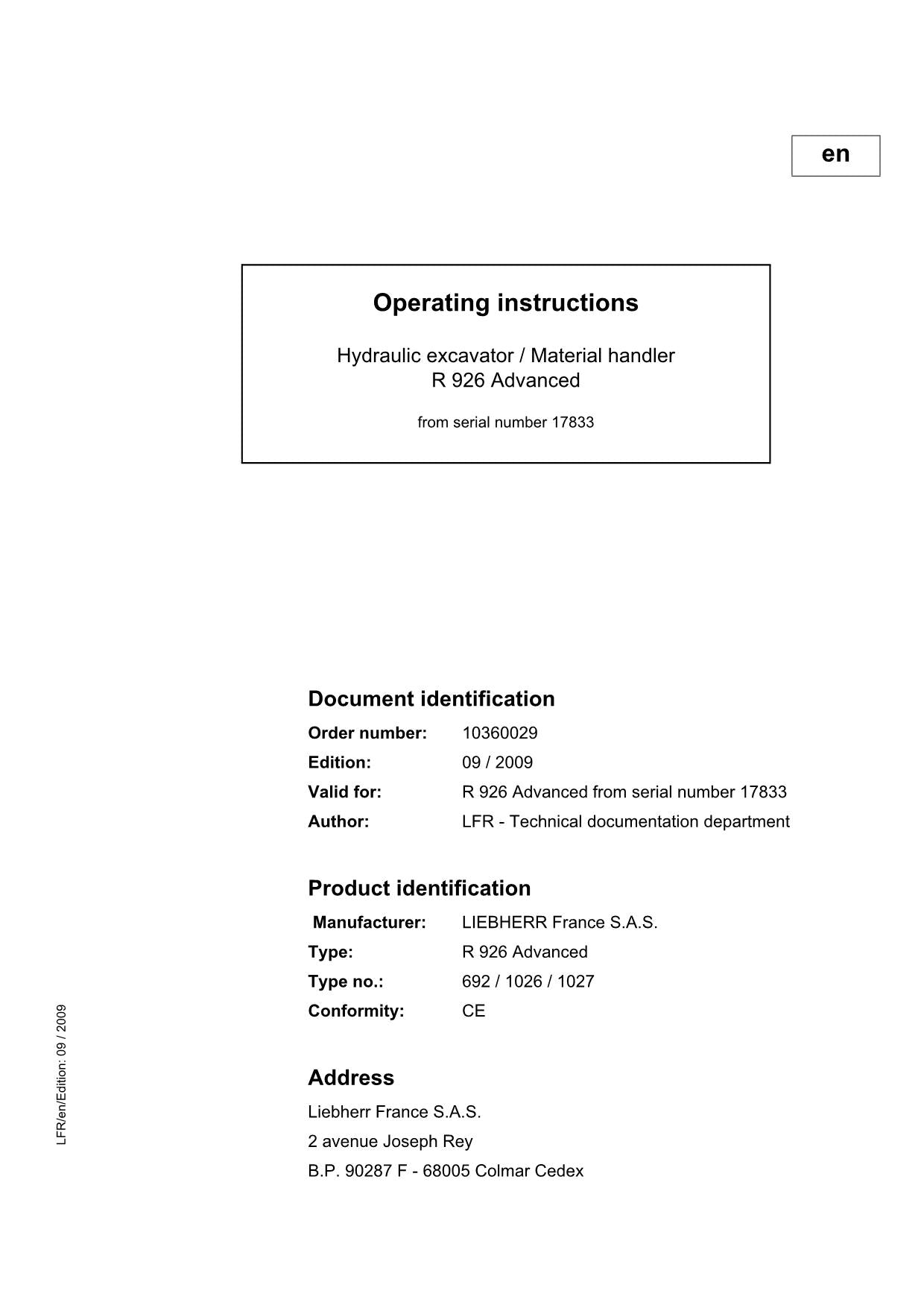 Liebherr R926 Advanced Excavator Operators manual serial 17833