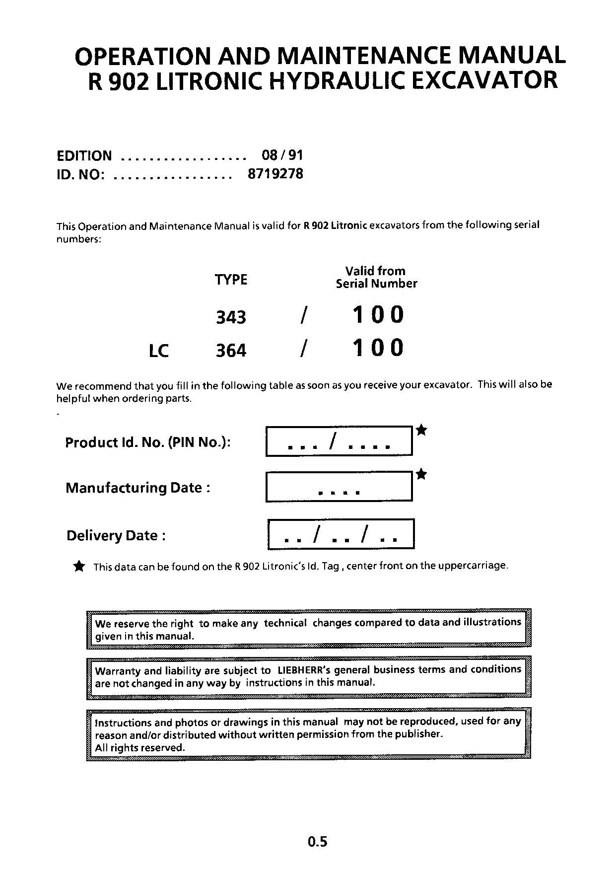 Liebherr R902 Litronic Excavator Operators manual serial 100