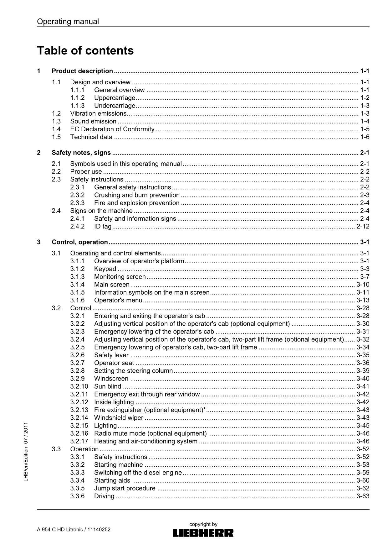 Liebherr A954 C HD Litronic Excavator Operators manual