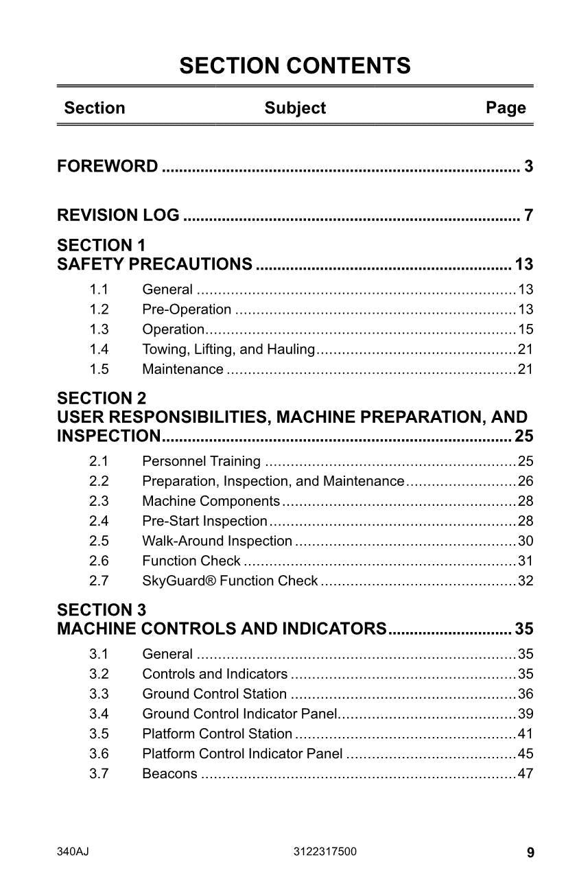 JLG 340AJ Boom Lift Maintenance Operation Operators Manual 3122317500