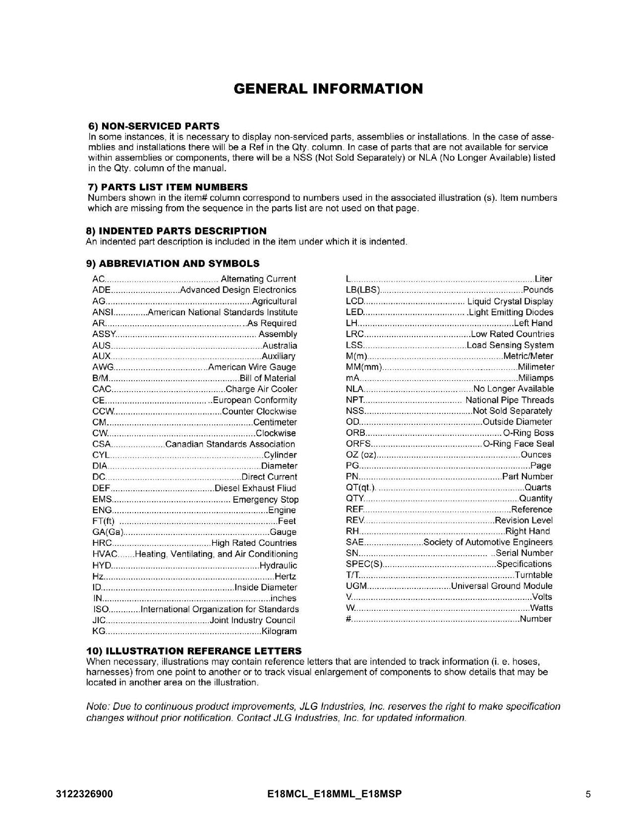 JLG E18MCL E18MML E18MSP Vertical Mast Parts Catalog Manual