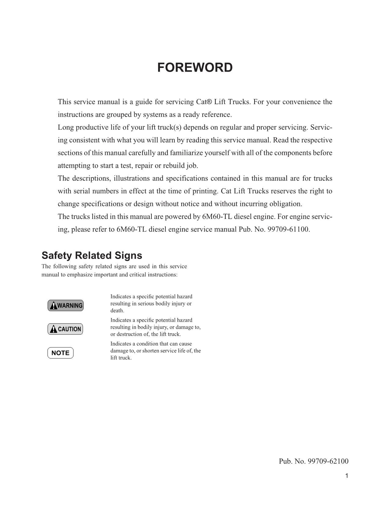 Caterpillar Lift Trucks DP80 DP90 Chassis Mast Option Service Manual