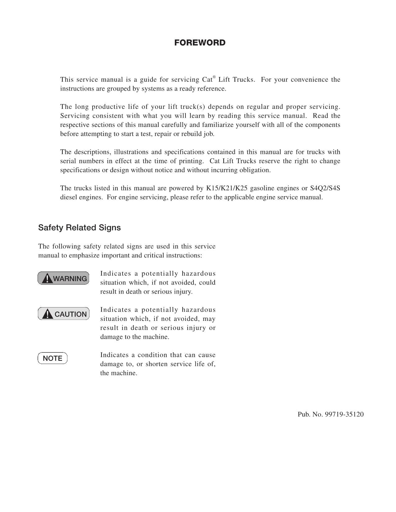 Caterpillar Lift Truck GP25N GP25ZN GP30N DP15N DP18N DP25N DP30N Service Manual