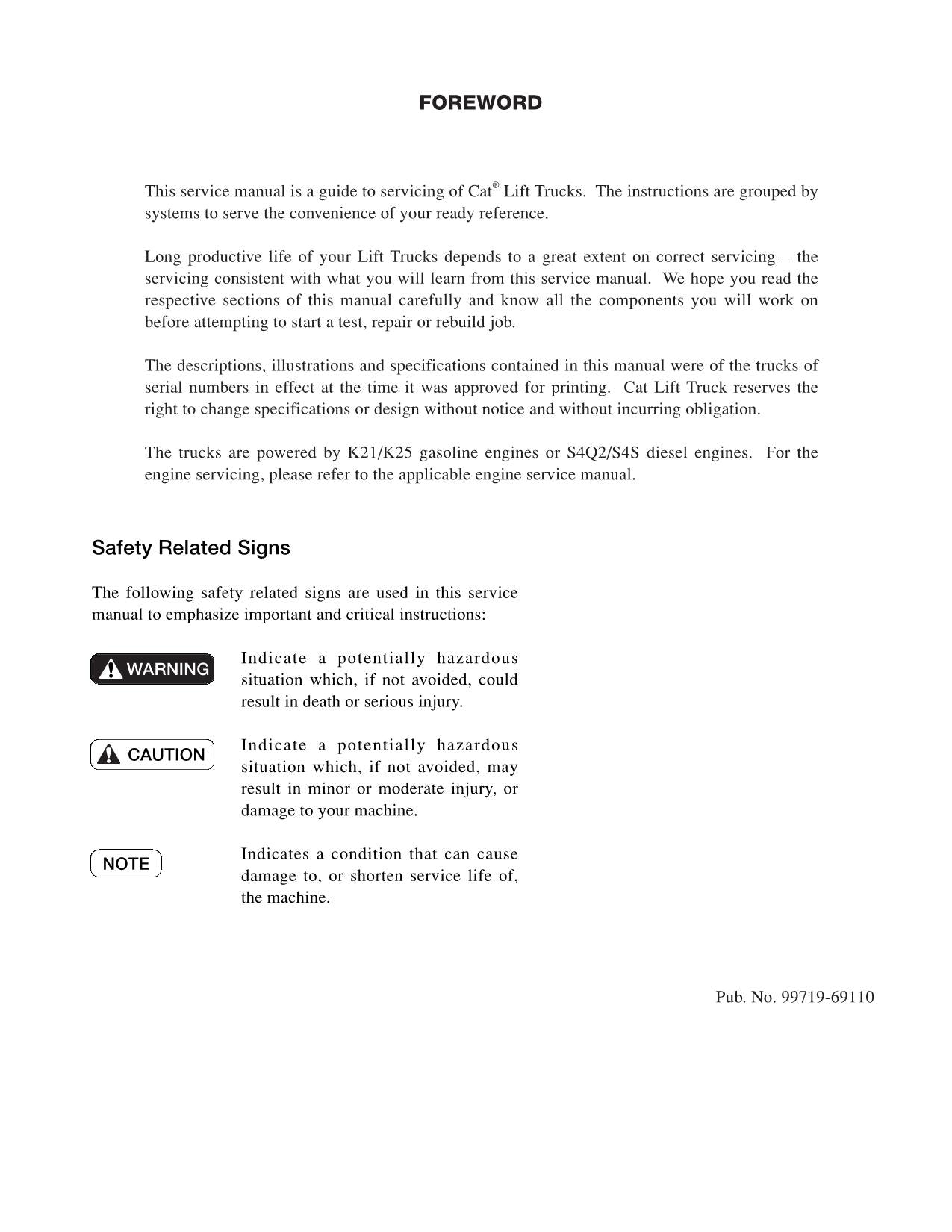 Caterpillar Lift Truck GP30N GP35N DP15N DP18N DP20CN DP20N DP25N DP30N Service Manual