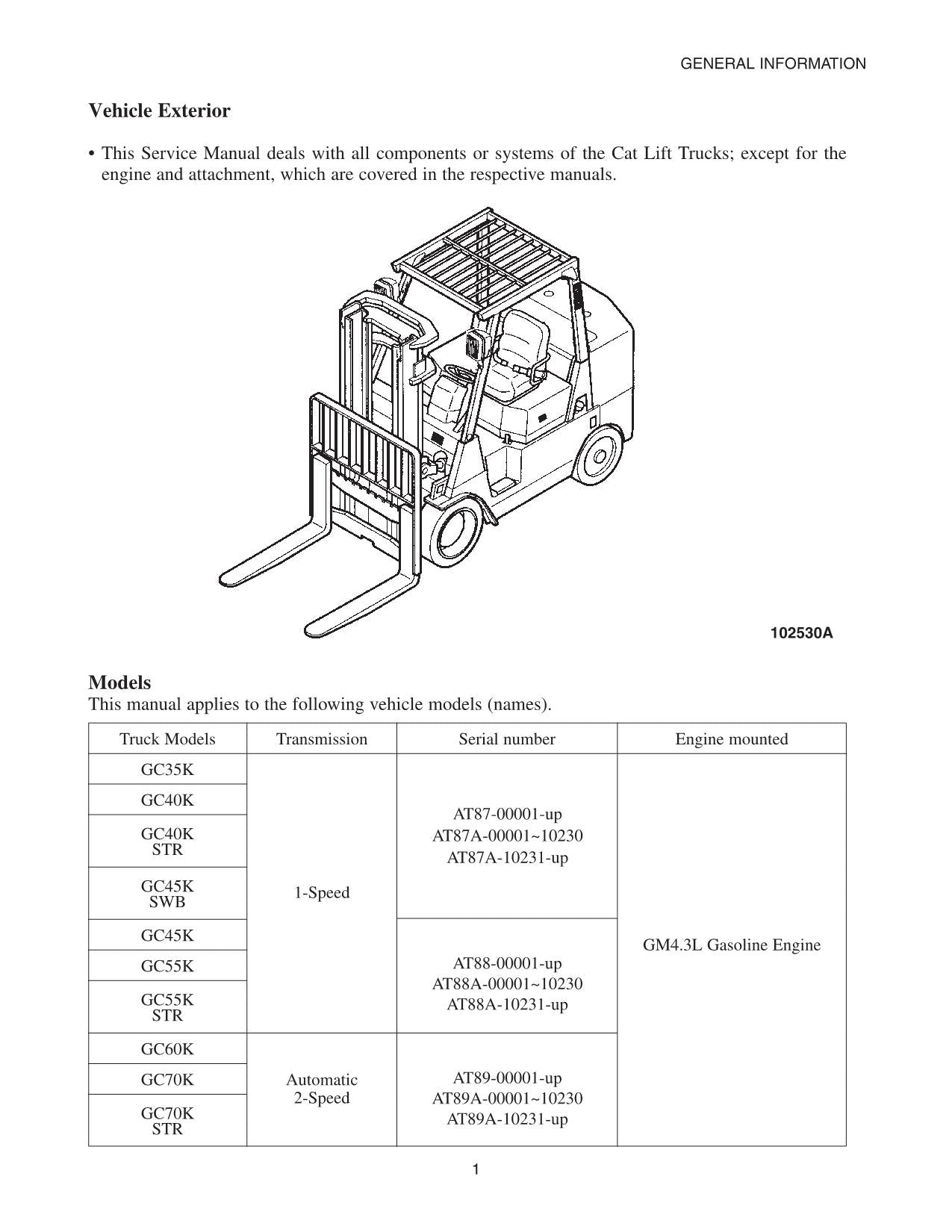 Caterpillar Forklift GC45K GC55K GC55K STR Chassis Mast Service Manual