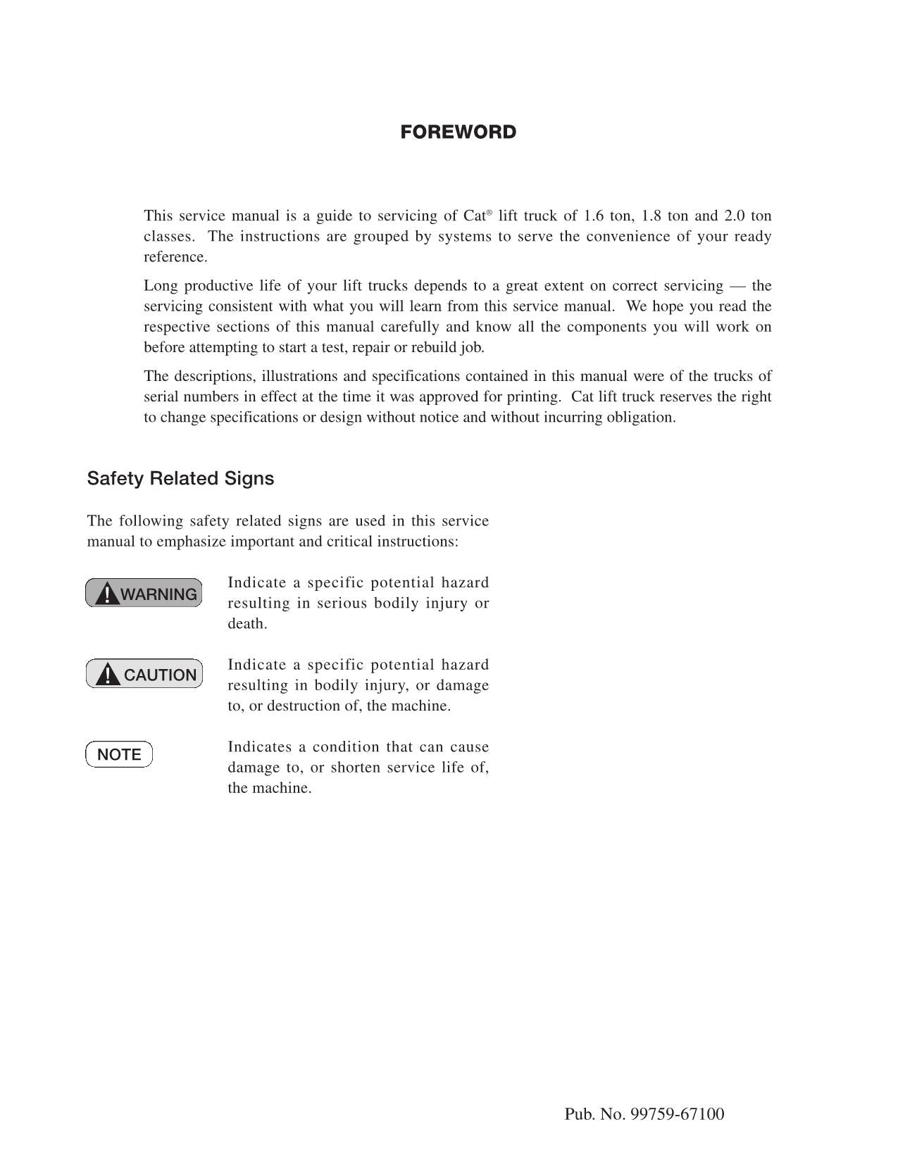 Caterpillar Lift Truck EP16N-48v EP18N-48v EP20CN-48v Chassi Mast Service Manual