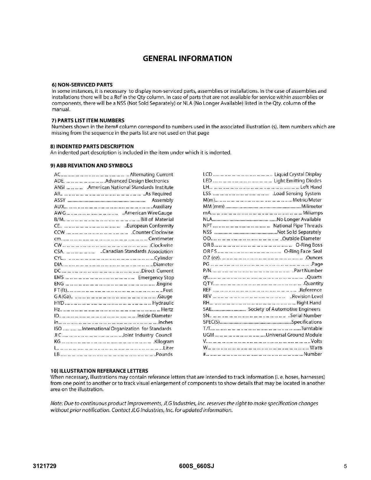 JLG 600S 660SJ Boom Lift Parts Catalog Manual 3121729