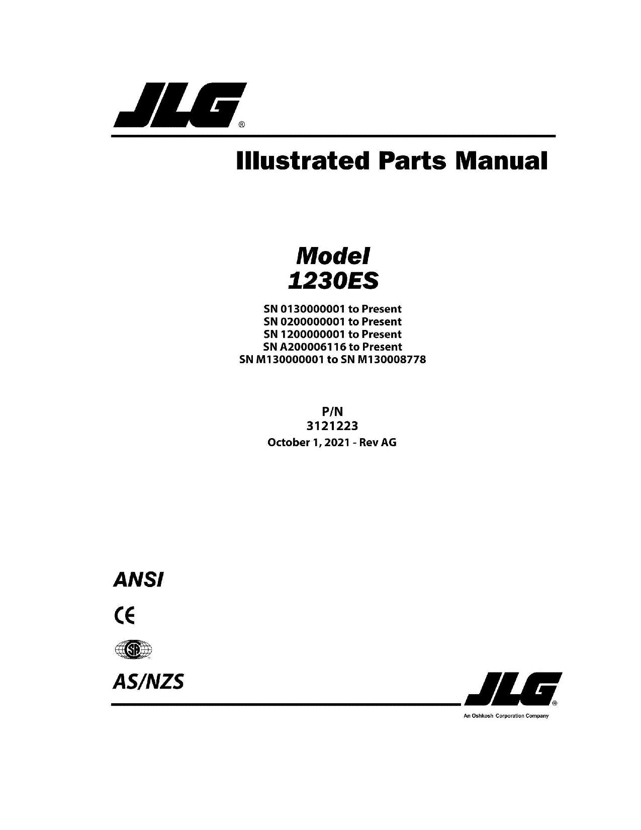 JLG 1230ES Vertical Mast Parts Catalog Manual 3121223