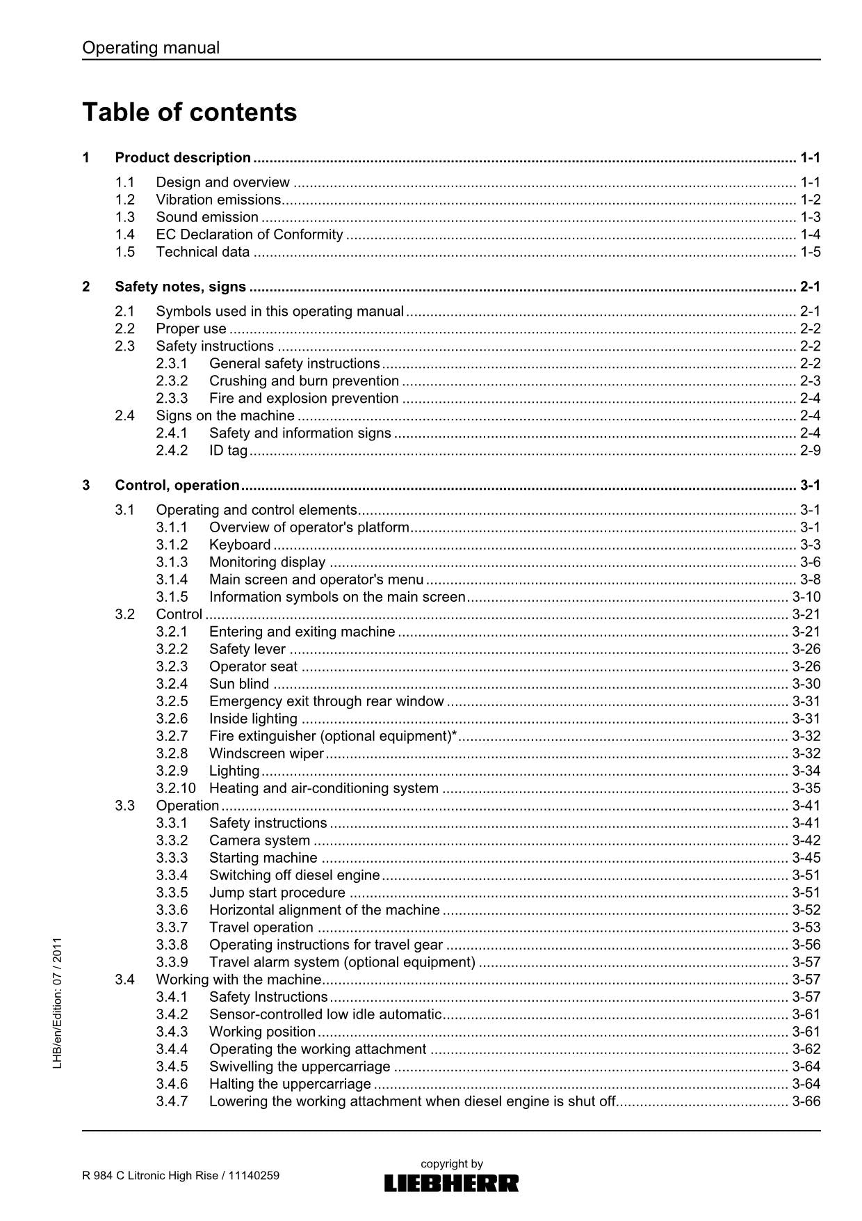 Liebherr R984 C Litronic High Rise Excavator Operators manual