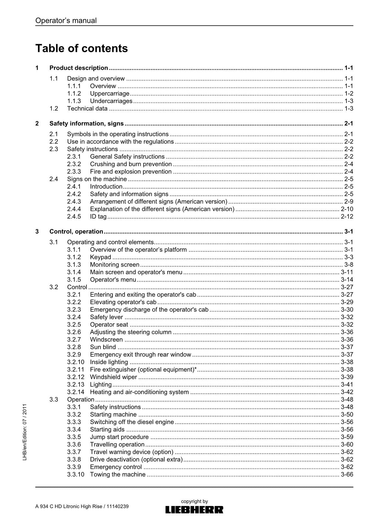 Liebherr A934 C HD Litronic High Rise Excavator Operators manual