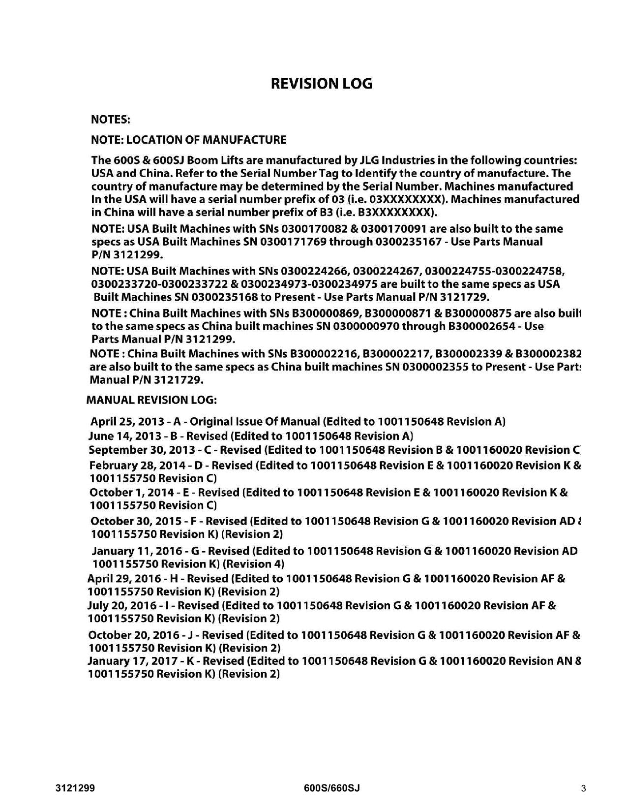 JLG 600S 660SJ Boom Lift Parts Catalog Manual 3121299