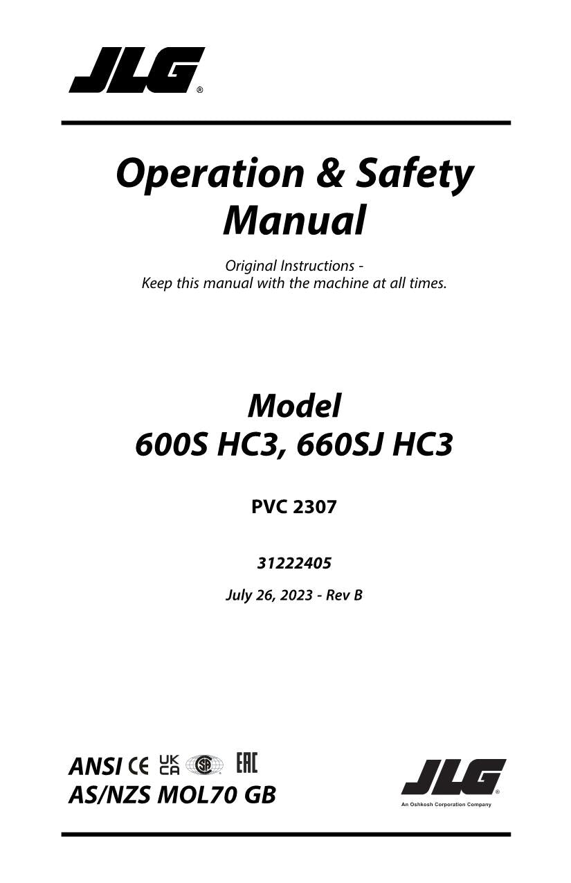 JLG 600S HC3 660SJ HC3 Boom Lift Maintenance Operation Operators Manual 31222405