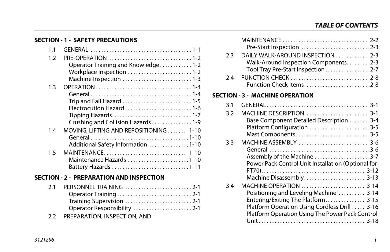 JLG FT140 FT70 Vertical Mast Operation Parts Service Manual