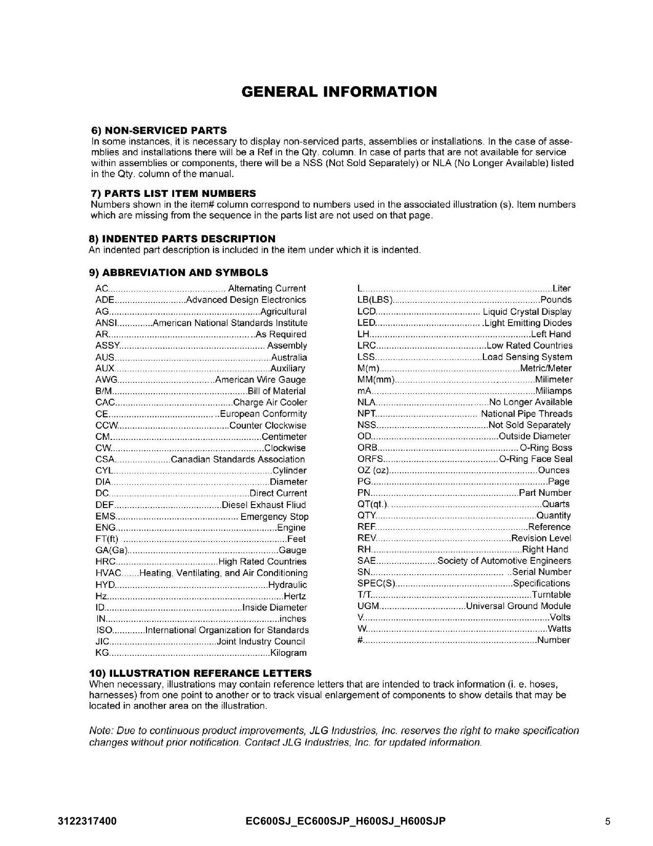 JLG EC600SJ EC600SJP H600SJ H600SJP Boom Lift Parts Catalog Manual