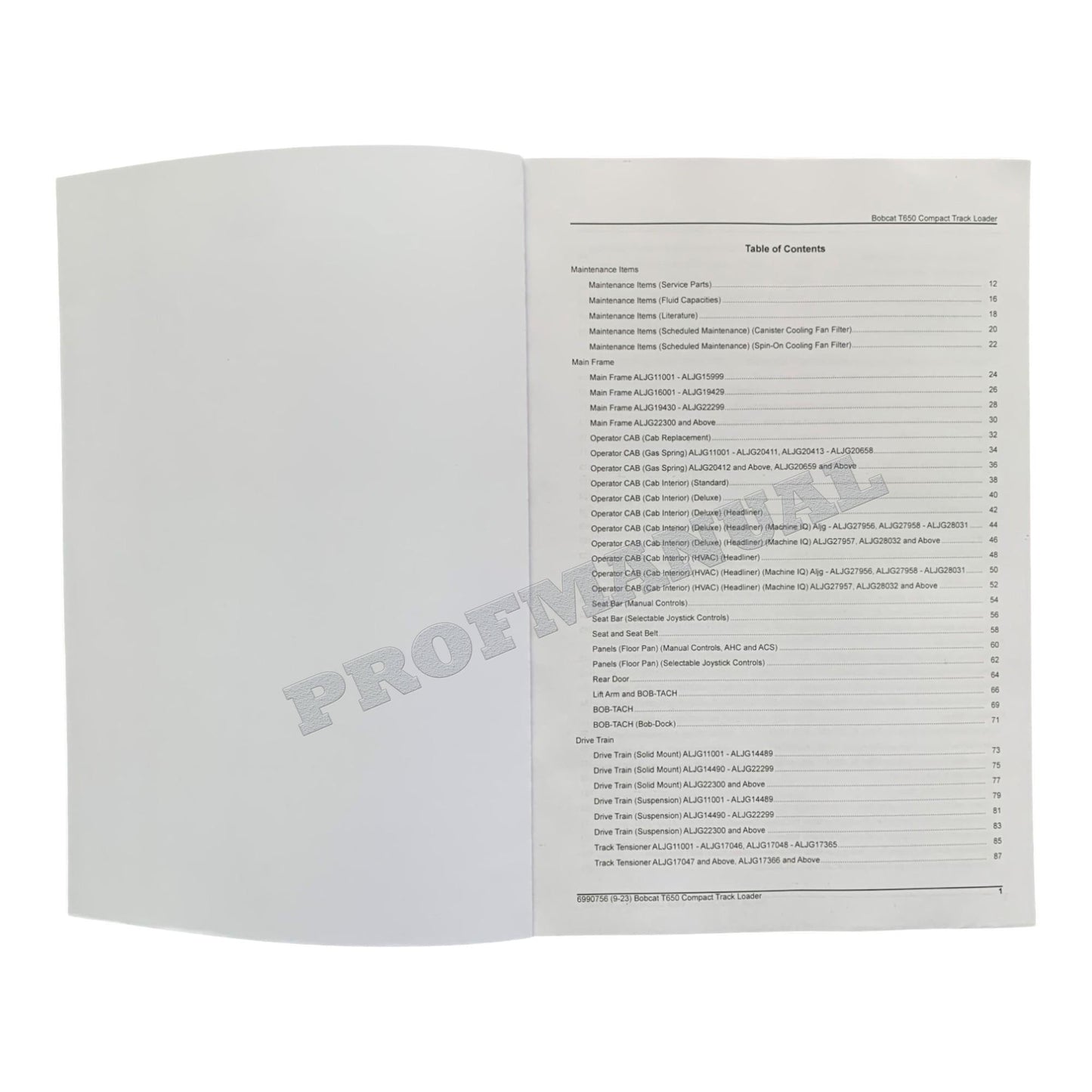 Bobcat T650 Compact Track Loader Parts Catalog Manual ALJG11001-