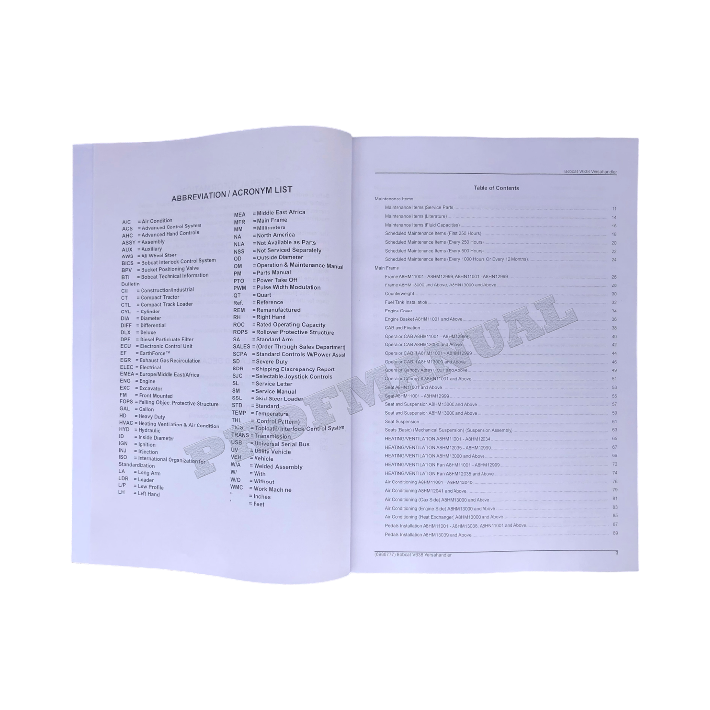 Bobcat V638 VersaHandler Parts Catalog Manual A2ZV11001 A2ZW11001