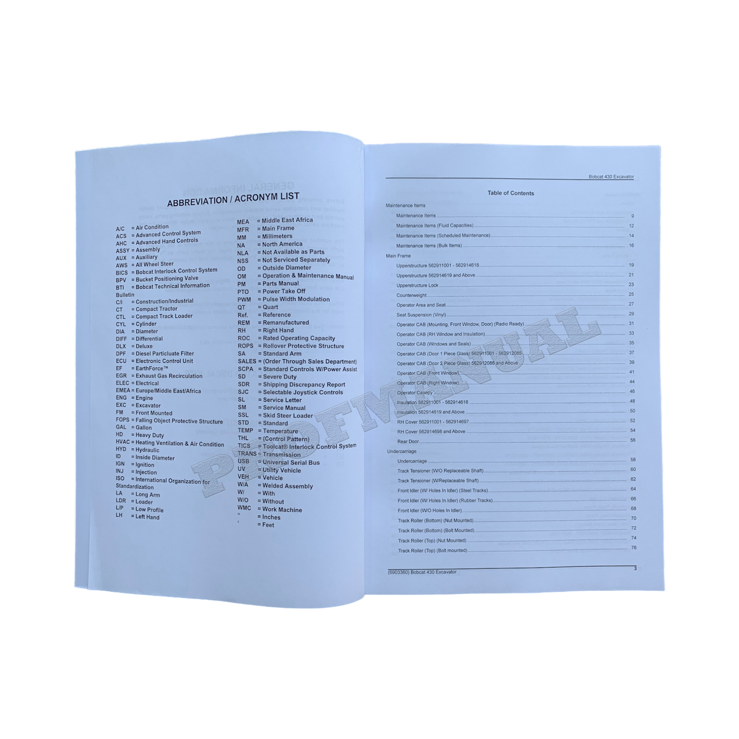 Bobcat 430 Excavator Parts Catalog Manual sn 562911001-