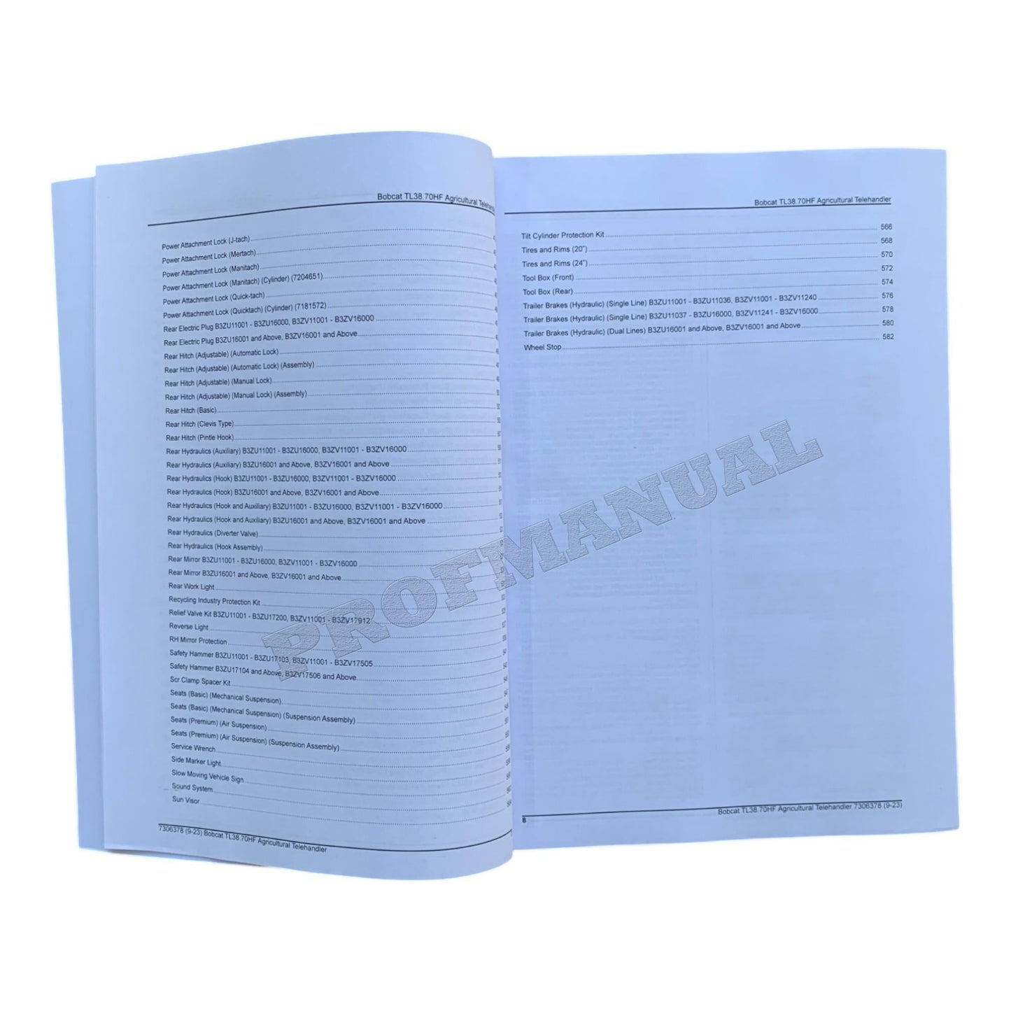 Bobcat TL38.70HF Telescopic Handler Parts Catalog Manual B3ZU11001- B3ZV11001-