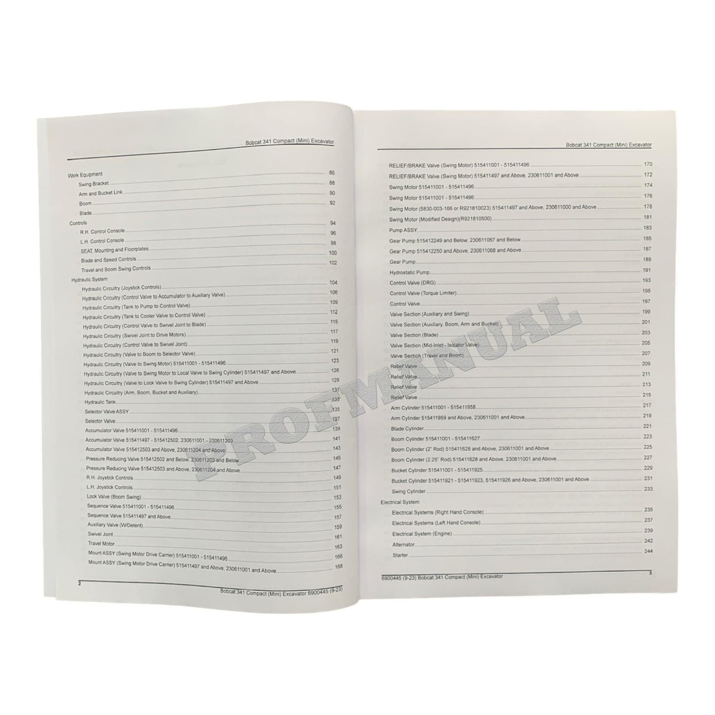 Bobcat 341 Excavator Parts Catalog Manual 230611001- 515411001-