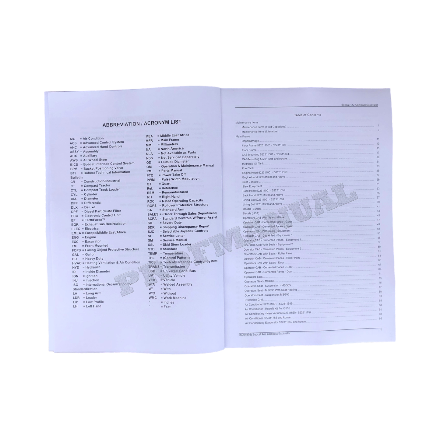 Bobcat 442 Excavator Parts Catalog Manual 522311001-