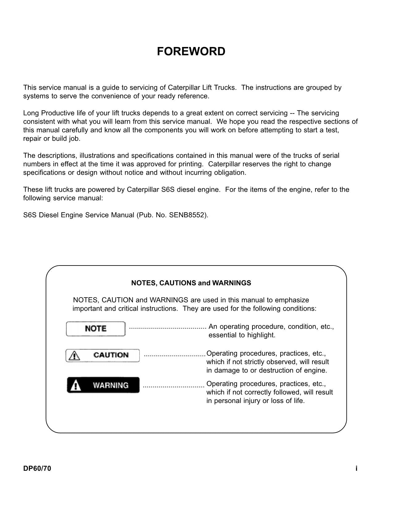 Caterpillar Lift Truck DP60 DP70 Chassis Mast Service Manual