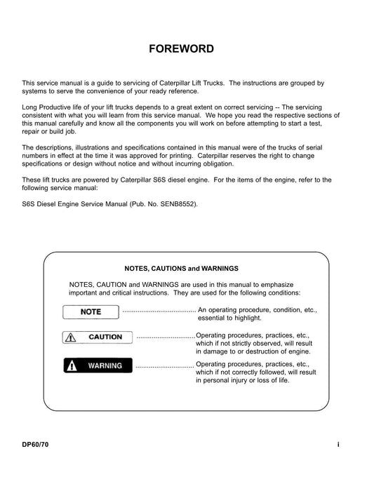 Caterpillar Lift Truck DP60 DP70 Chassis Mast Service Manual