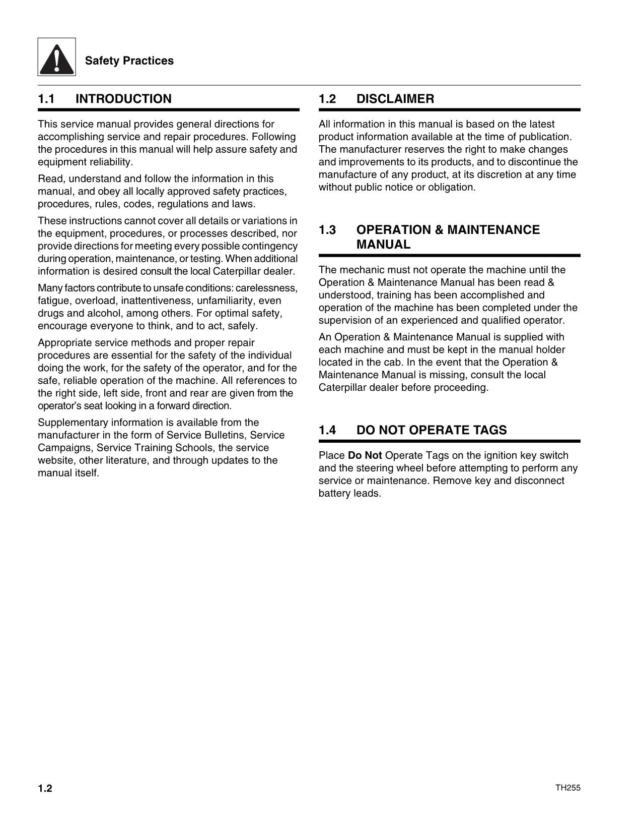 Caterpillar TH255 Telehandler Service Manual S/N TBS00100 and After