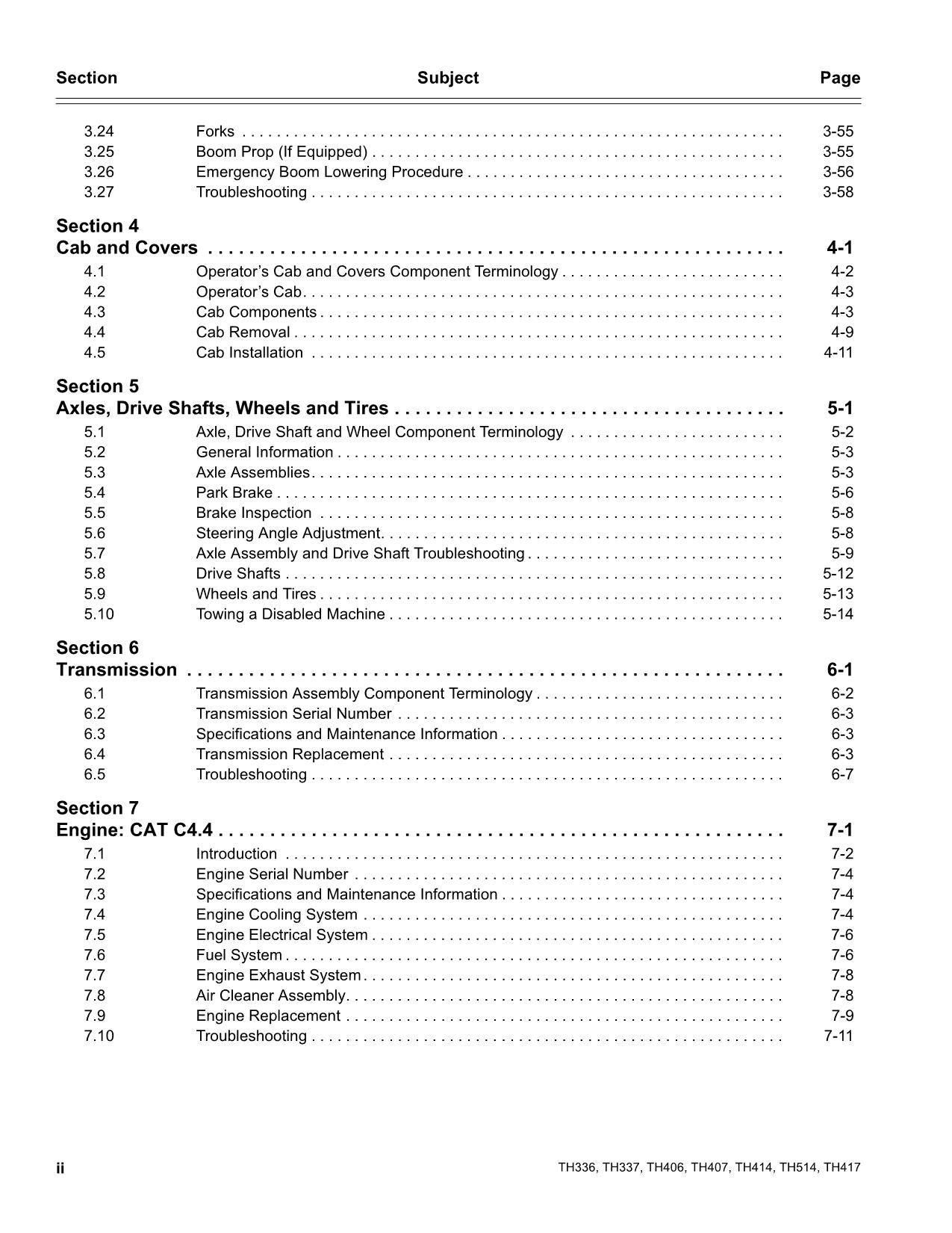 Caterpillar TH336 TH337 TH406 TH407 TH414 TH514 TH417 Telehandler Service Manual