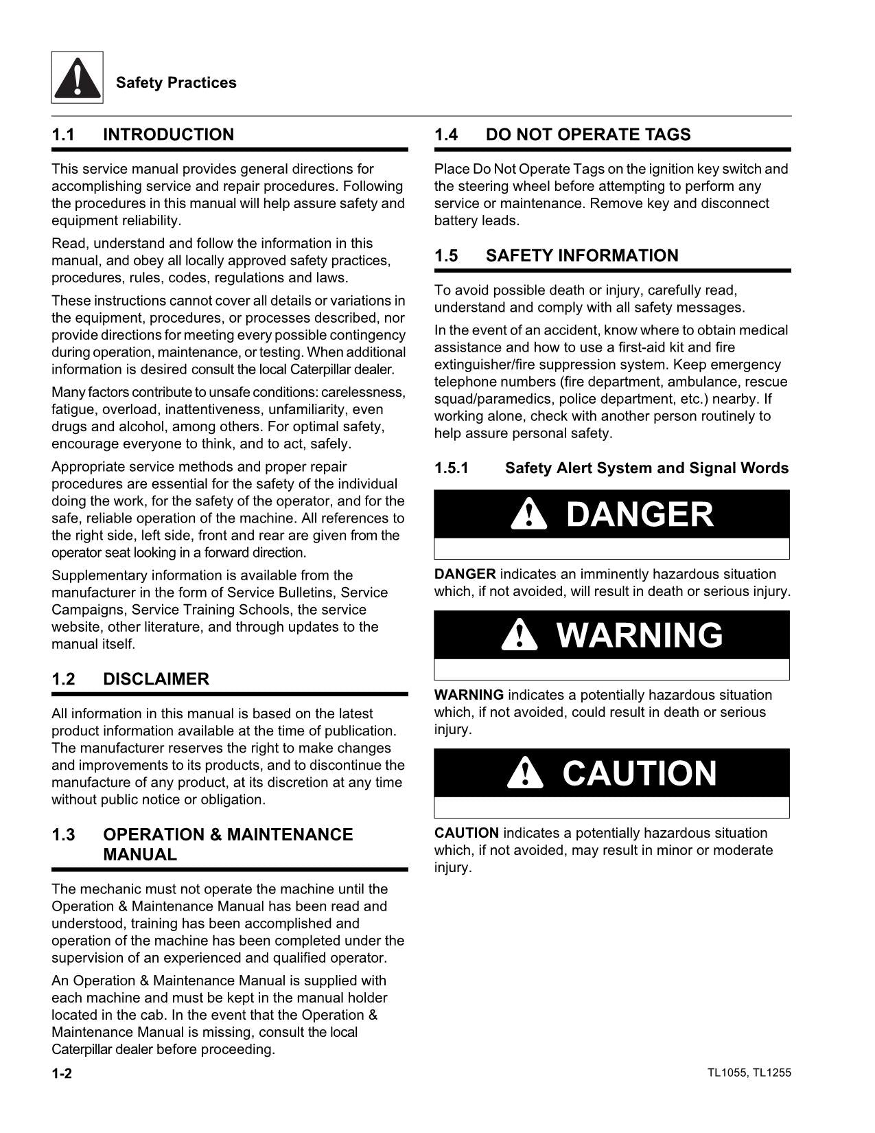 Caterpillar TL1055 TL1255 Telehandler Service Manual