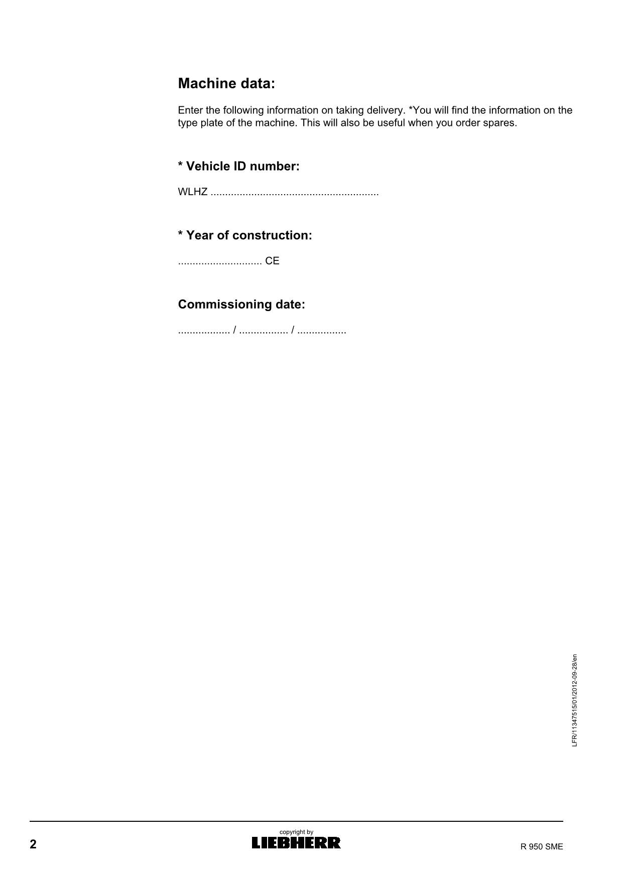 Liebherr R950 SME Excavator Operators manual