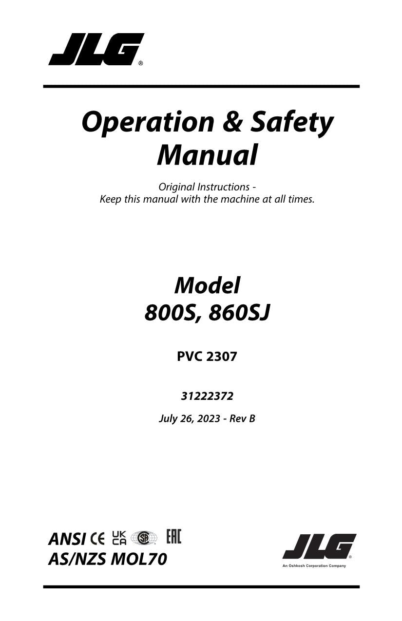 JLG 800S 860SJ Boom Lift Maintenance Operation Operators Manual 31222372