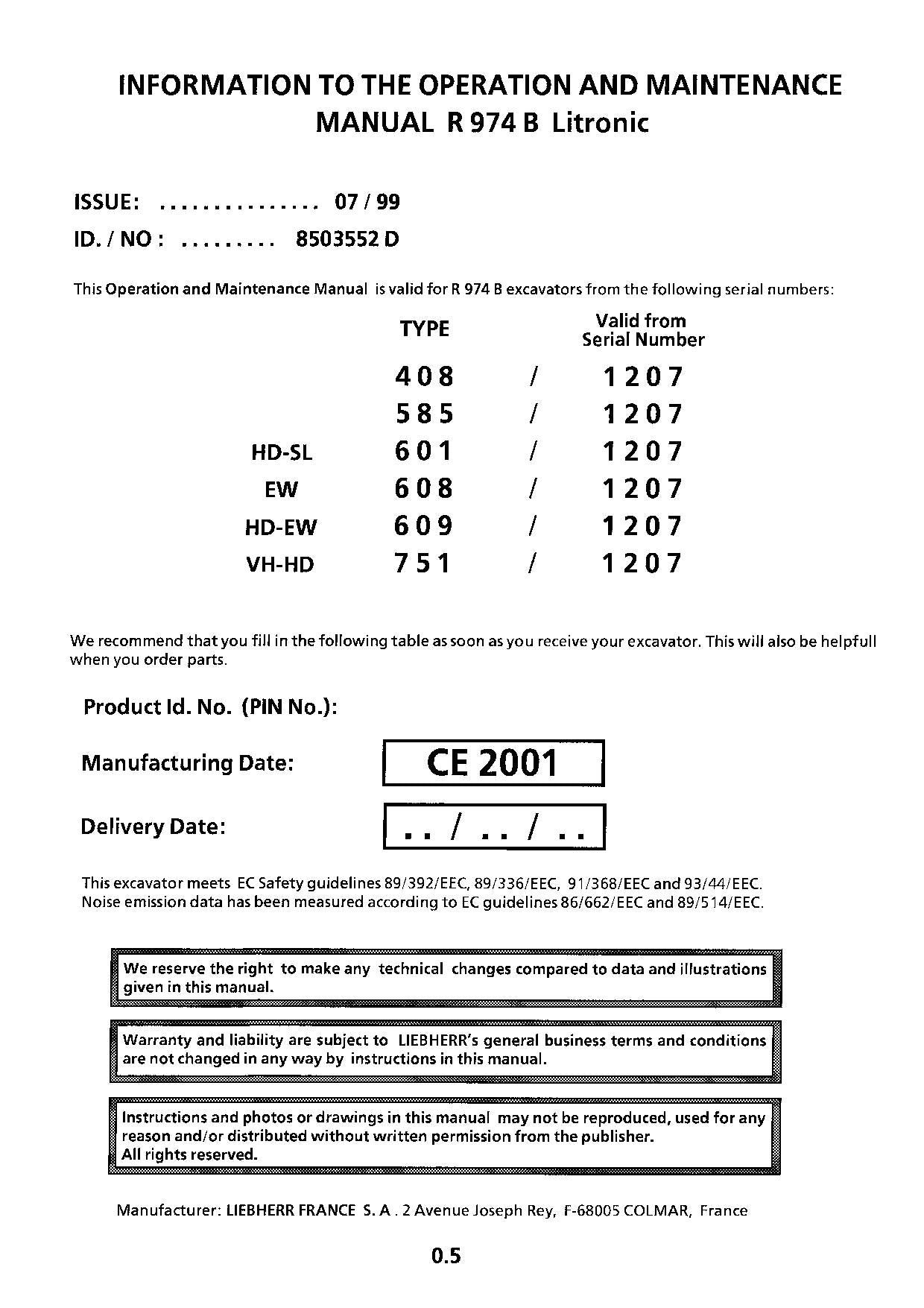 Liebherr R974 B Litronic Excavator Operators manual serial 1207