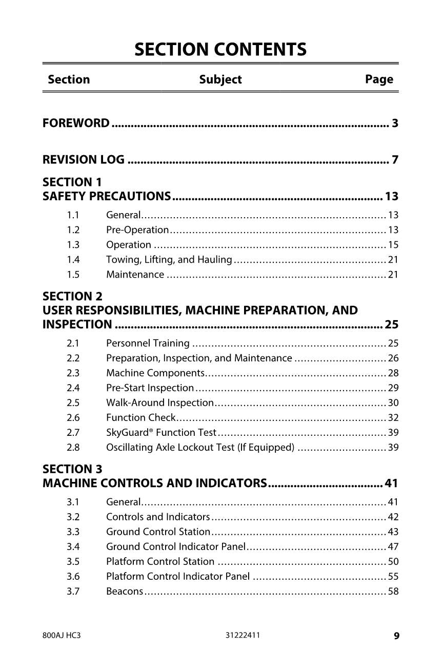 JLG 800AJ HC3 Boom Lift Maintenance Operation Operators Manual 31222411