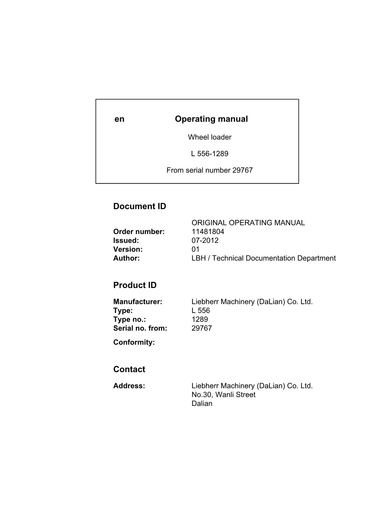 Liebherr L556-1289 Wheel Loader Operators manual serial 29767