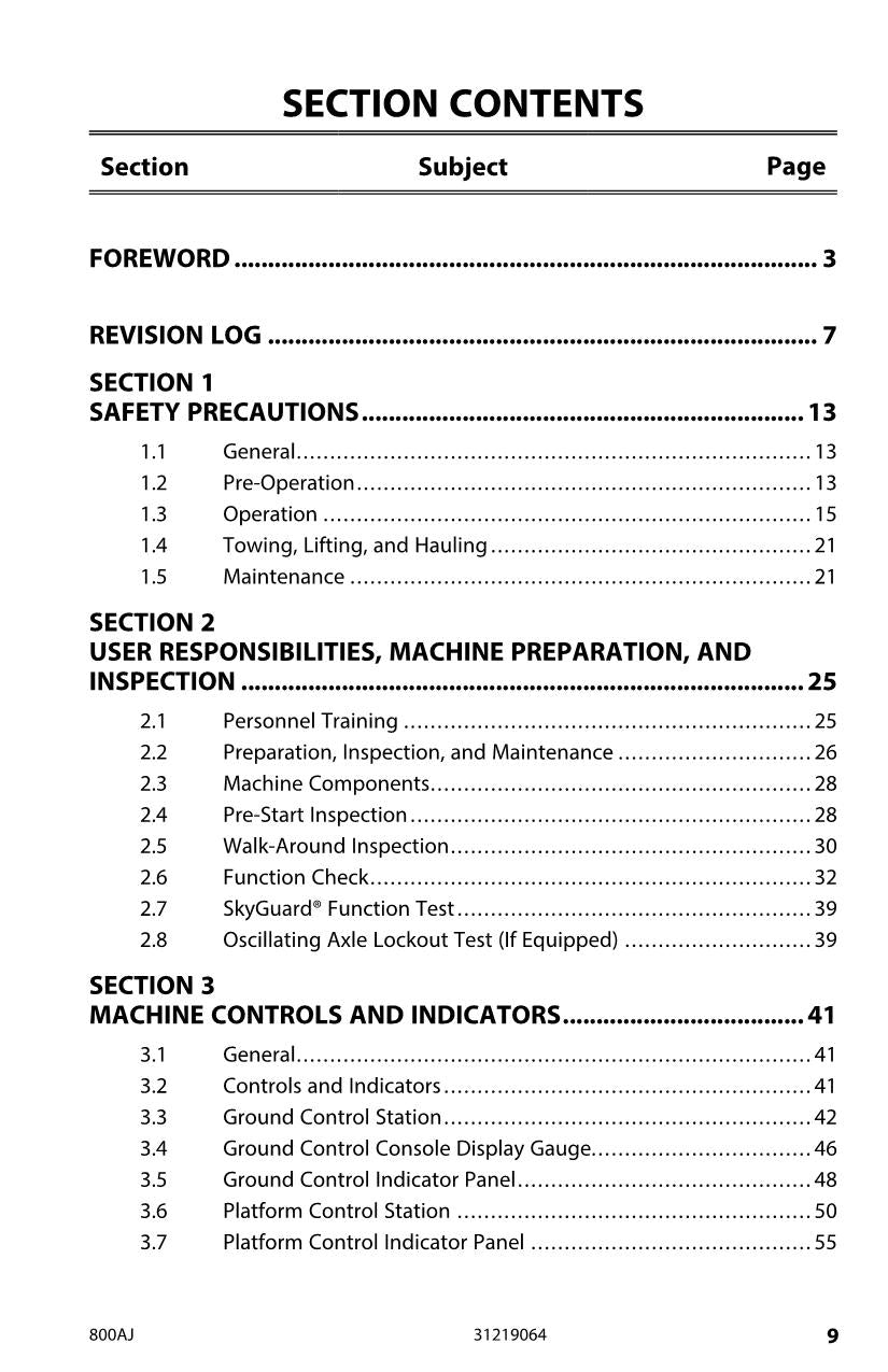 JLG 800AJ Boom Lift Maintenance Operation Operators Manual 31219064