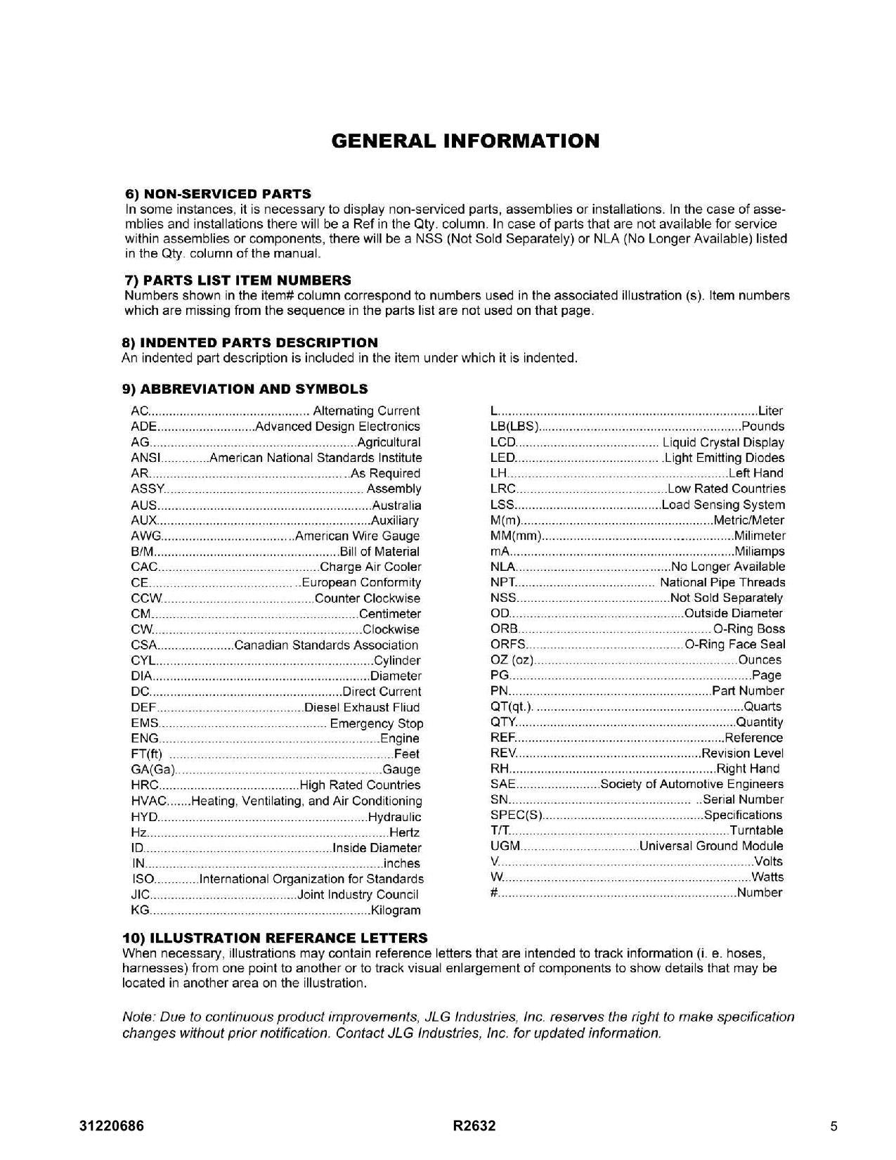 JLG R2632 Vertical Mast Parts Catalog Manual