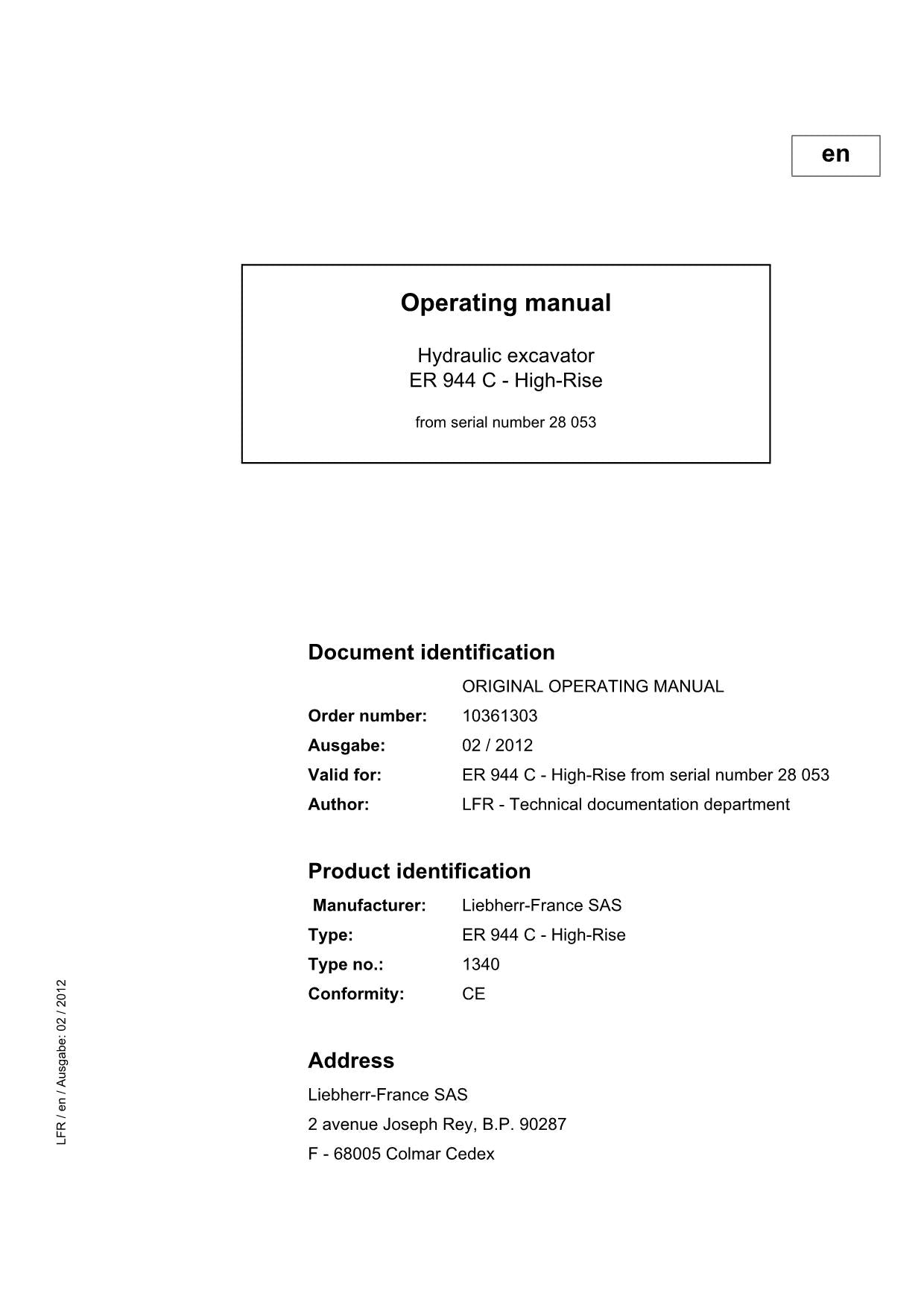 Liebherr ER944 C - High-Rise Excavator Operators manual