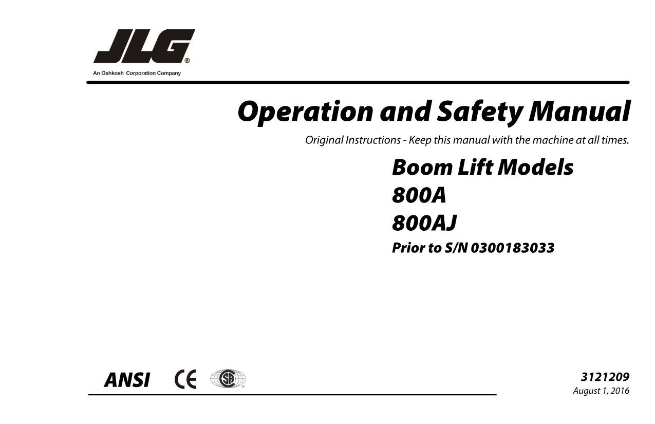 JLG 800A 800AJ Boom Lift Maintenance Operation Operators Manual 3121209