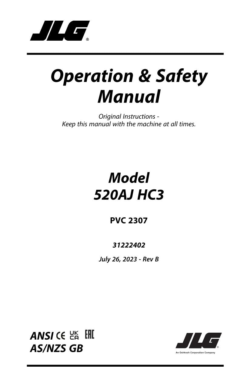 JLG 520AJ HC3 Boom Lift Maintenance Operation Operators Manual 31222402