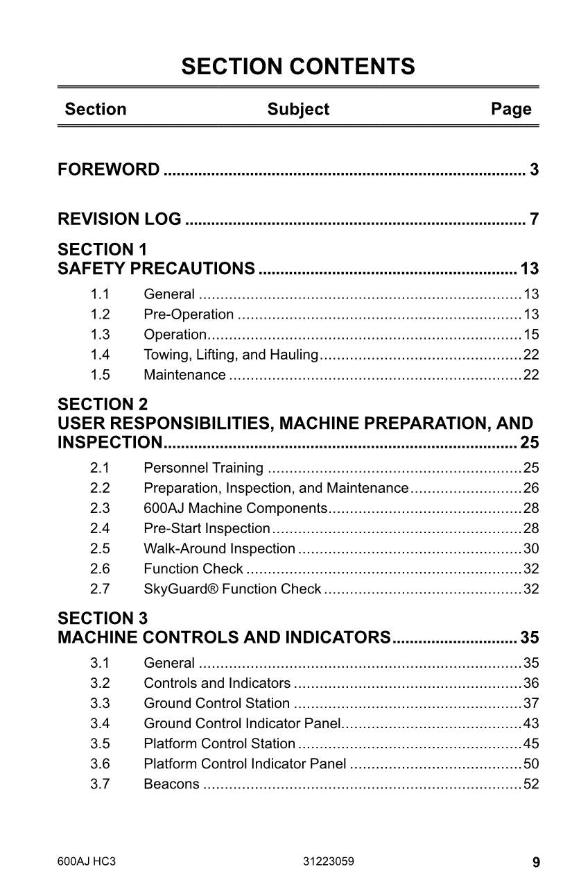 JLG 600AJ HC3 Boom Lift Maintenance Operation Operators Manual 31223059