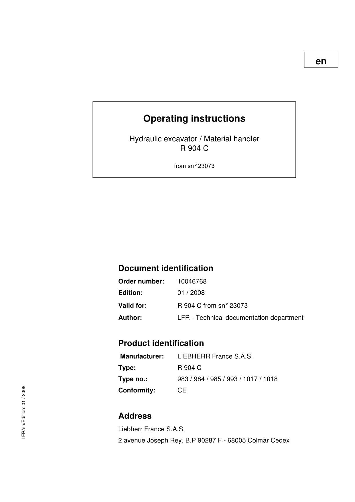 Liebherr R904 C Excavator Material handler Operators manual